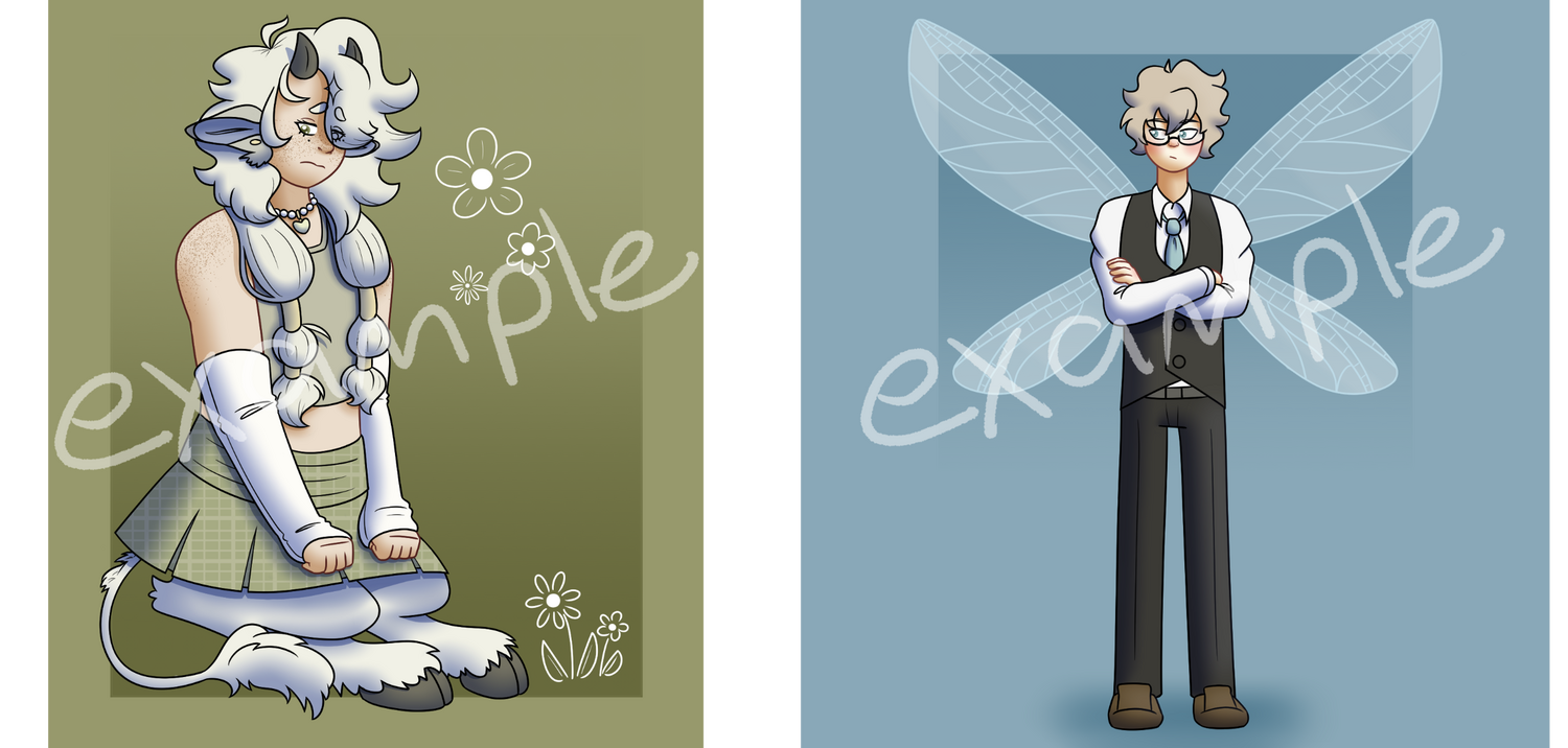 Two separate digital drawings. The first drawing is of a half human half sheep character. The second drawing is of a person with gossamer wings.