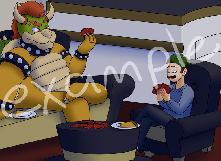 A digital drawing of Bowser and Luigi from the Super Mario franchise. They are playing a game of poker together.