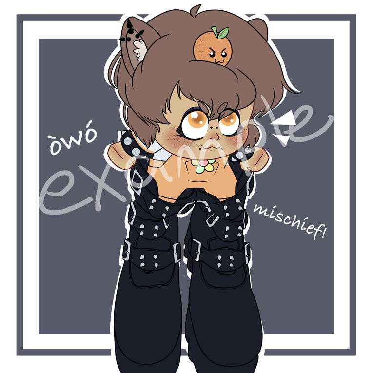 A digital drawing of a person with orange overalls, punk makeup, and capybara ears in giant black boots.