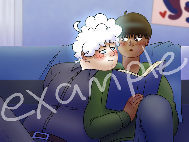 A digital drawing of two boys reading the same book. They are sitting on the floor next to a bed, one boy's head on the other's shoulder. They are both blushing.
