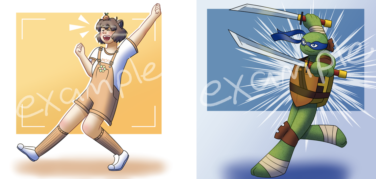 Two separate digital drawings. The first drawing is of a person with overalls and capybara ears. The second is a drawing of Leonardo from Teenage Mutant Ninja Turtles.
