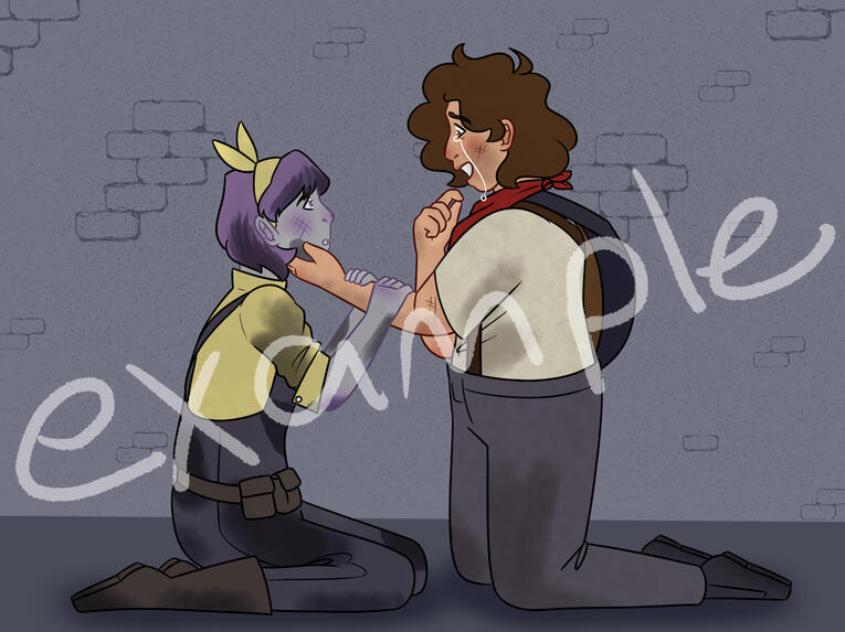A digital drawing of two characters, one with gray skin and purple hair and the other with brown skin and brown curly hair, dressed as Orpheus and Eurydice from Hadestown.