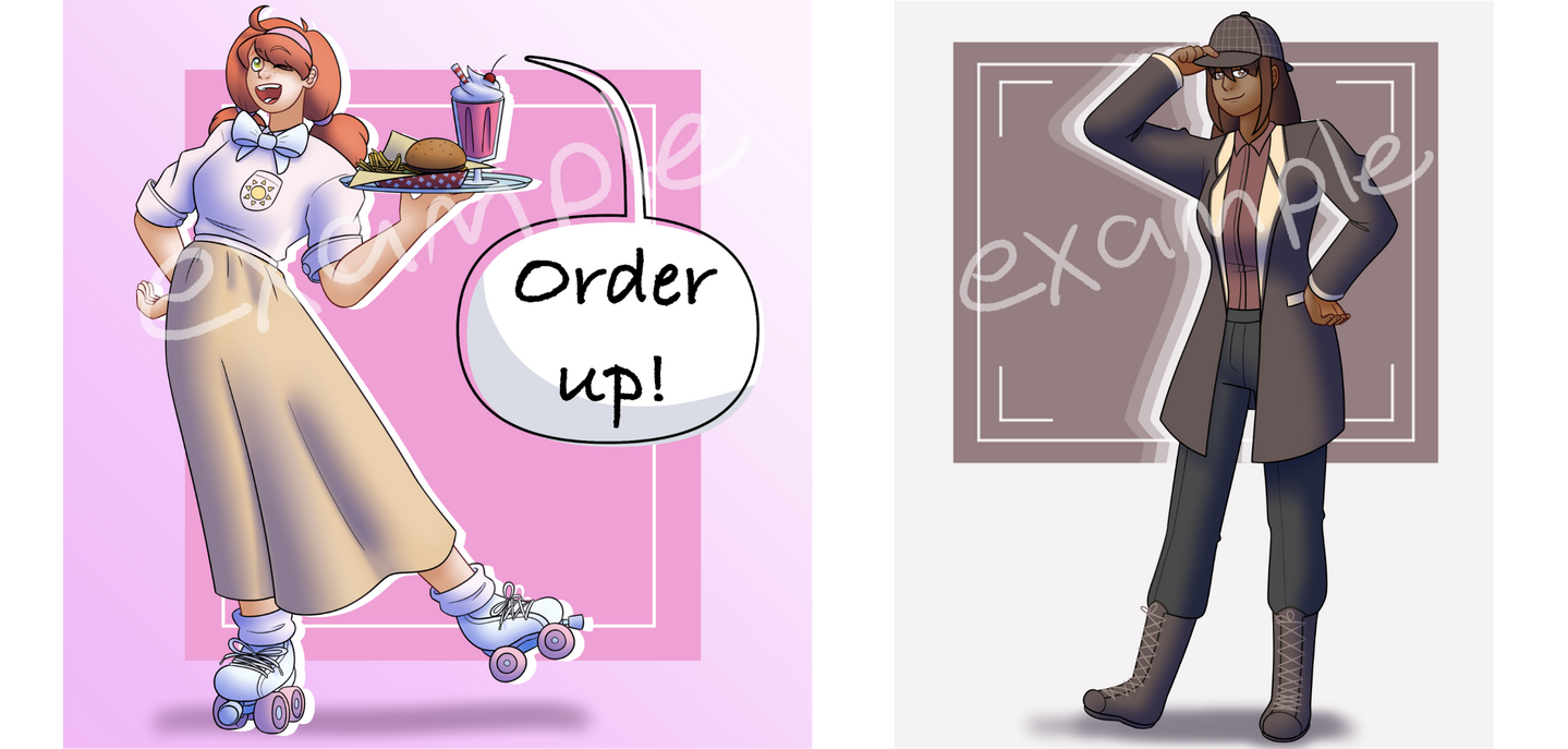 Two digital drawings of different women, one a waitress and the other a detective.